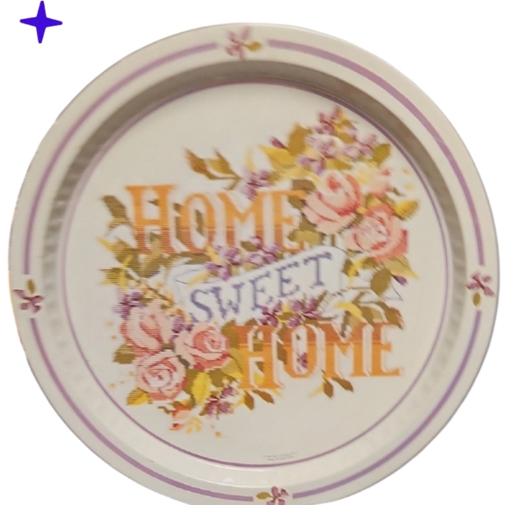 80s Tin Floral 'Home Sweet Home' Decorative Serving  Tray Cross Stitch Motif